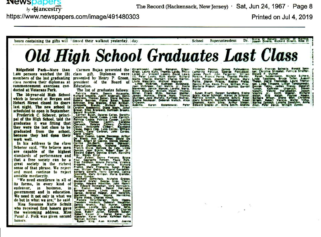 The Record June 1967 Last Class to Graduate Old High School Article